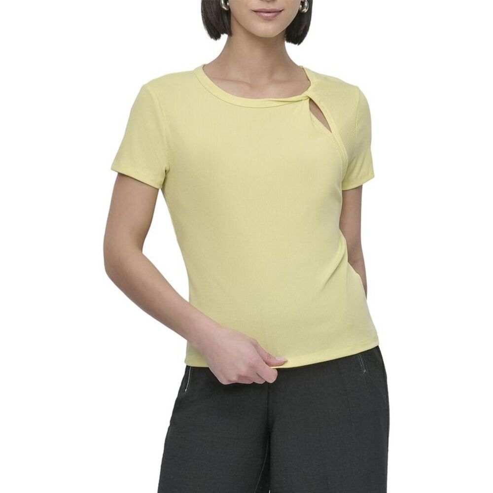 Dkny Womens Twist Neck Rib Knit Top, Yellow